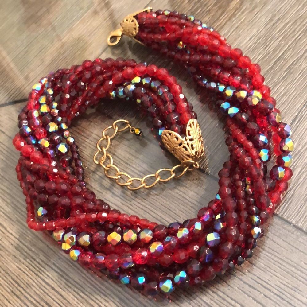 Vintage Twisted Style Red Beaded Necklace Aura Borealis